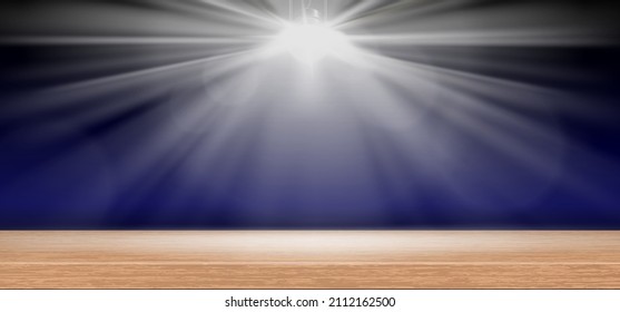 wood shelf empty on spotlight, vintage wood plank for product on lights and blue background,vector illustration