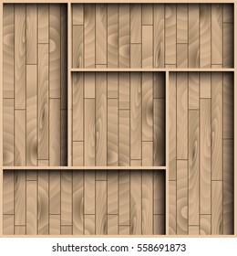 Wood shelf in front of wooden wall. Book case with wood grain - can be endlessly extended upwards and downwards.  vector illustration for gallery, storage or shop. Vector brown interior background.