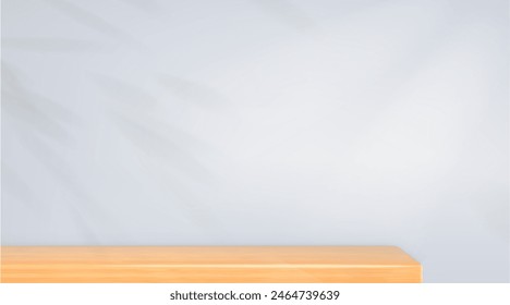 Wood shelf on white kitchen wall for product presentation. Empty table board. Minimal home mockup. Realistic 3d vector background