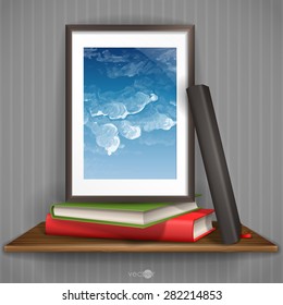 Wood Shelf With Photo Frame.  Vector Illustration. Eps 10.