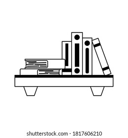estantería de madera con pila de libros diseño aislado fondo blanco estilo de línea de ilustración vectorial