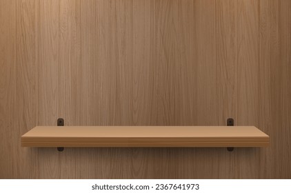 Wood shelf vector mockup. Wooden texture with shelf. Realistic empty wooden background for product display