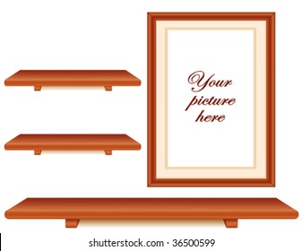 Wood Shelves, cherry wood picture frame with copy space, wall group. Add your favorite picture and treasures. EPS8 compatible.