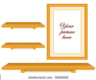 Wood Shelves, oak wood picture frame with copy space, wall group. Add your favorite picture and treasures. EPS8 compatible.