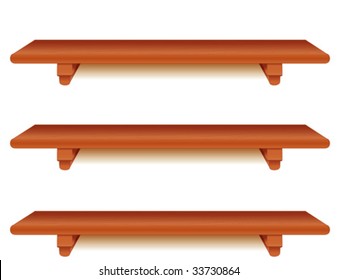 Wood Shelves, wall group of wide cherry wood grain shelves with brackets, isolated on white background. Add your favorite books and treasures. EPS8 compatible.