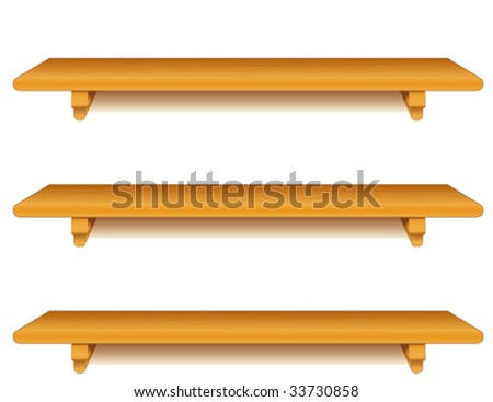 Wood Shelves, wall group of wide oak wood grain shelves with brackets, isolated on white background. Add your favorite books and treasures.  EPS8 compatible.