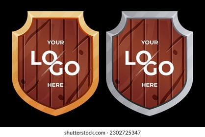 wood shield with golden and dilver frame isolated on VIP background. Vector luxury design element. game logo template