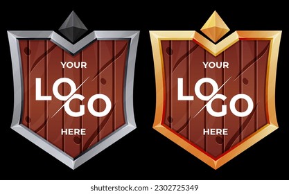 wood shield with golden and dilver frame isolated on VIP background. Vector luxury design element. game logo template