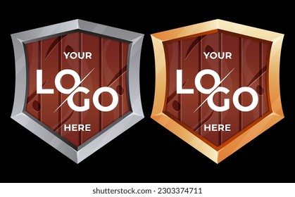 wood shield with golden and dilver frame isolated on VIP background. Vector luxury design element. game logo template