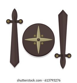 Wood shield and sword design icon in flat style. Vector modern illustration