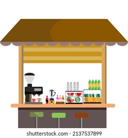 wood shop market Stalls and kiosks with coffee awnings Grocery goods Fast food Vegetables Fresh fruit Handicrafts Bakery cakes Vector illustration