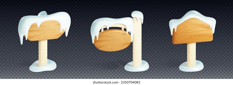 Pizarro de madera cubierto de nevada y conjunto de vectores de caricatura 3d de caricatura de caricatura de caricatura de hielo. Ilustración realista de varios paneles y pancartas nevados en blanco con textura de madera para texto y carteles de invierno y Navidad.