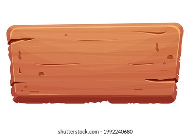 Wood sign, banner, wooden empty plank in cartoon style isolated on white background. Game assets, ui element. Textured material, frame for massage, decoration. . Vector illustration