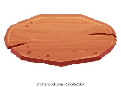 Wood sign, banner, wooden oval empty plank in cartoon style isolated on white background. Game assets, ui element. Textured material, frame for massage, decoration. . Vector illustration