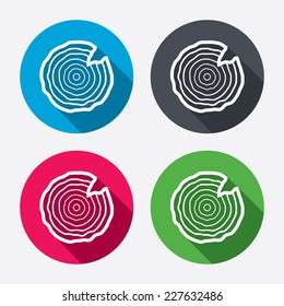 Wood sign icon. Tree growth rings. Tree trunk cross-section with nick. Circle buttons with long shadow. 4 icons set. Vector