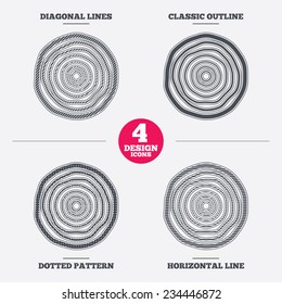 Wood sign icon. Tree growth rings. Tree trunk cross-section. Diagonal and horizontal lines, classic outline, dotted texture. Pattern design icons.  Vector