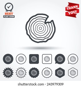 Wood sign icon. Tree growth rings. Tree trunk cross-section with nick. Circle, star, speech bubble and square buttons. Award medal with check mark. Thank you. Vector