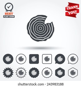 Wood sign icon. Tree growth rings. Tree trunk cross-section with nick. Circle, star, speech bubble and square buttons. Award medal with check mark. Thank you. Vector