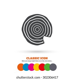 Wood sign icon. Tree growth rings. Tree trunk cross-section with nick. Classic flat icon. Colored circles. Vector