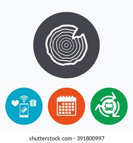 Wood sign icon. Tree growth rings. Tree trunk cross-section with nick. Mobile payments, calendar and wifi icons. Bus shuttle.