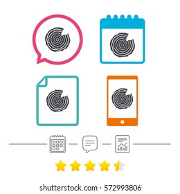 Wood sign icon. Tree growth rings. Tree trunk cross-section with nick. Calendar, chat speech bubble and report linear icons. Star vote ranking. Vector