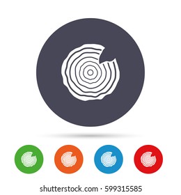 Wood sign icon. Tree growth rings. Tree trunk cross-section with nick. Round colourful buttons with flat icons. Vector
