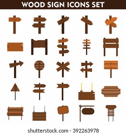 Wood sign icons set on white background. Flat icons. Cartoon signs.