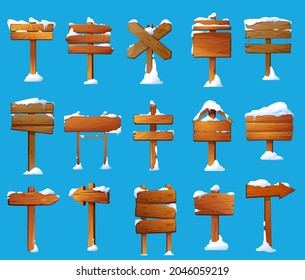 Wood sign posts with snow cartoon vector set. Winter wooden sign boards, road direction signboards and arrow pointers, guideposts and billboard poles with snow caps, ice and icicles