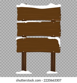 Wood sign posts with snow on transparent background, cartoon vector Winter wooden sign boards,road direction,Chrismas advertising, guideposts and billboard poles with snow caps and ice 