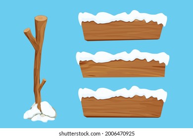 Wood sign, set tree stick and wooden empty planks with snow in cartoon style isolated on white background. Game assets, ui element. Textured material, frame for massage, decoration. 