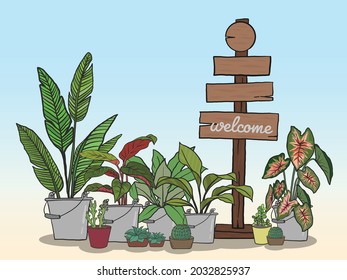 wood sign for writing messages and Potted plants Set, Potted plants Hand drawing style. Cartoon vector illustration. 