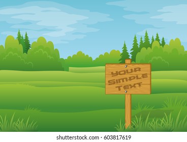 Wood Sign for Your Text in Summer Forest on Green Landscape, Background for Your Design. Eps10, Contains Transparencies. Vector