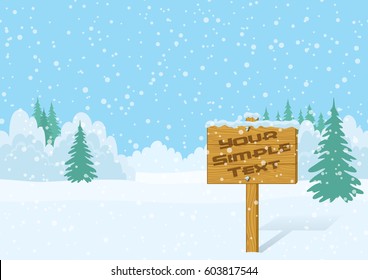 Wood Sign for Your Text in Winter Forest on Snowing Christmas Landscape, Background for Your Design. Eps10, Contains Transparencies. Vector