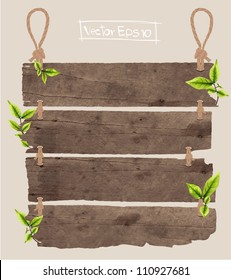 wood signboard with green leaves, vector illustration