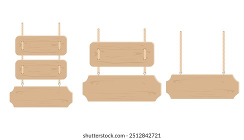 Wood signboard plank with rope vintage element flat style, vector illustration.	