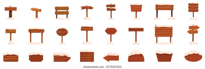  Wood signboard snow icons set. Set of various wooden signposts covered with snow, indicating directions and information in a winter setting