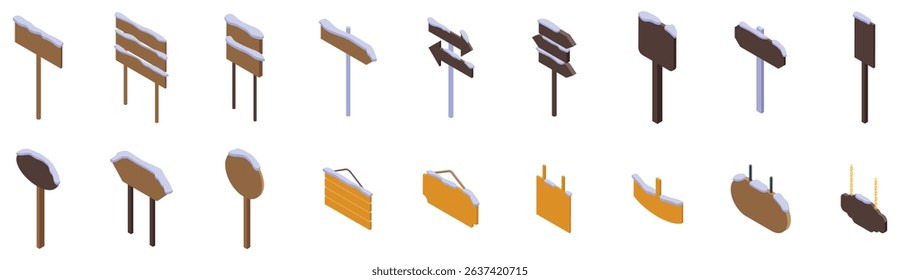 Wood signboard snow icons set. Set of various wooden signposts covered with snow, offering diverse directional cues