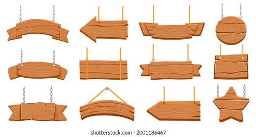 Wood Signboards Hanging On Rope. Wooden Blank Banners And Arrow Signs. Round And Star Shaped Board On Chain. Old Rustic Signboard Vector Set. Wood Signboard, Banner Wooden Texture Hang On Chain