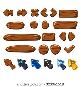 Señales de madera, flechas y punteros para juegos, conjunto de Ilustración vectorial