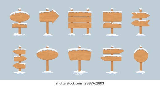 wood signs planks covered with snow, blank winter sign boards collection