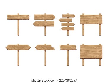 Wood signs set. Empty wooden signboards templates collection, vector illustration