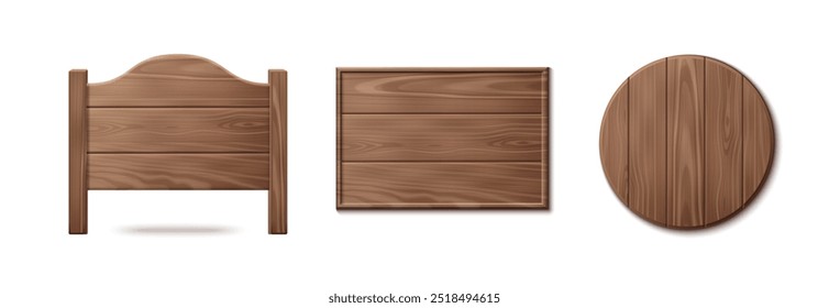 Wood signs set isolated on white background. Vector realistic illustration of blank round and rectangular wooden signboards with natural texture, brown plaques, saloon signboard, interior element