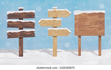 Wood signs in winter snow