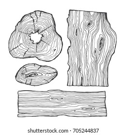 Wood sketch set, hand drawing sawmill logo, isolated vector illustration, black elements on white background for your design