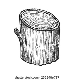 Esboço de madeira ou registro de árvore vetorial. Desenho manual de coto ou madeira de folhosas. Peça de madeira ou caroço de caule. Pedaço de material natural para o fogo. Bastão de madeira ou lenha realista. Stub ou barra. Madeira e natureza