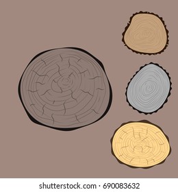 Wood slice texture tree circle cut raw material set detail plant years history textured rough forest vector illustration.