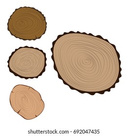 Wood slice texture tree circle cut raw material set detail plant years history textured rough forest vector illustration.