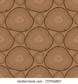 Wood slice texture tree circle cut raw material seamless pattern detail plant years history textured rough forest vector illustration.