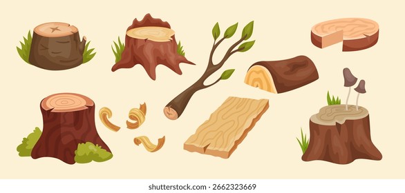 Wood slice. Tree stump. Timber objects. Sawn logs. Wooden planks. Cartoon graphic icon. Forestry material. Carpentry logging. Lumber cut. Pine trunk and branch. Vector woodland illustration tidy set