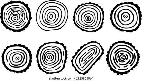 Wood slices set. Hand-drawn black and white doodle. Picture from lumber. Forest clipart. Vector cut tree. Camping and construction themes. 